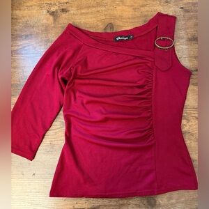 Y2K Deep Red Asymmetric Ruched Long Sleeve Top with Buckle
